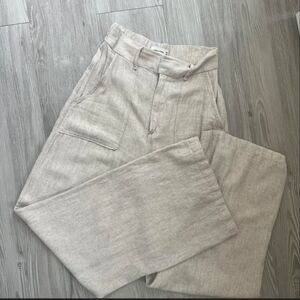 Abercrombie & Fitch Cream Linen Blend Wide-Leg Trouser Pants